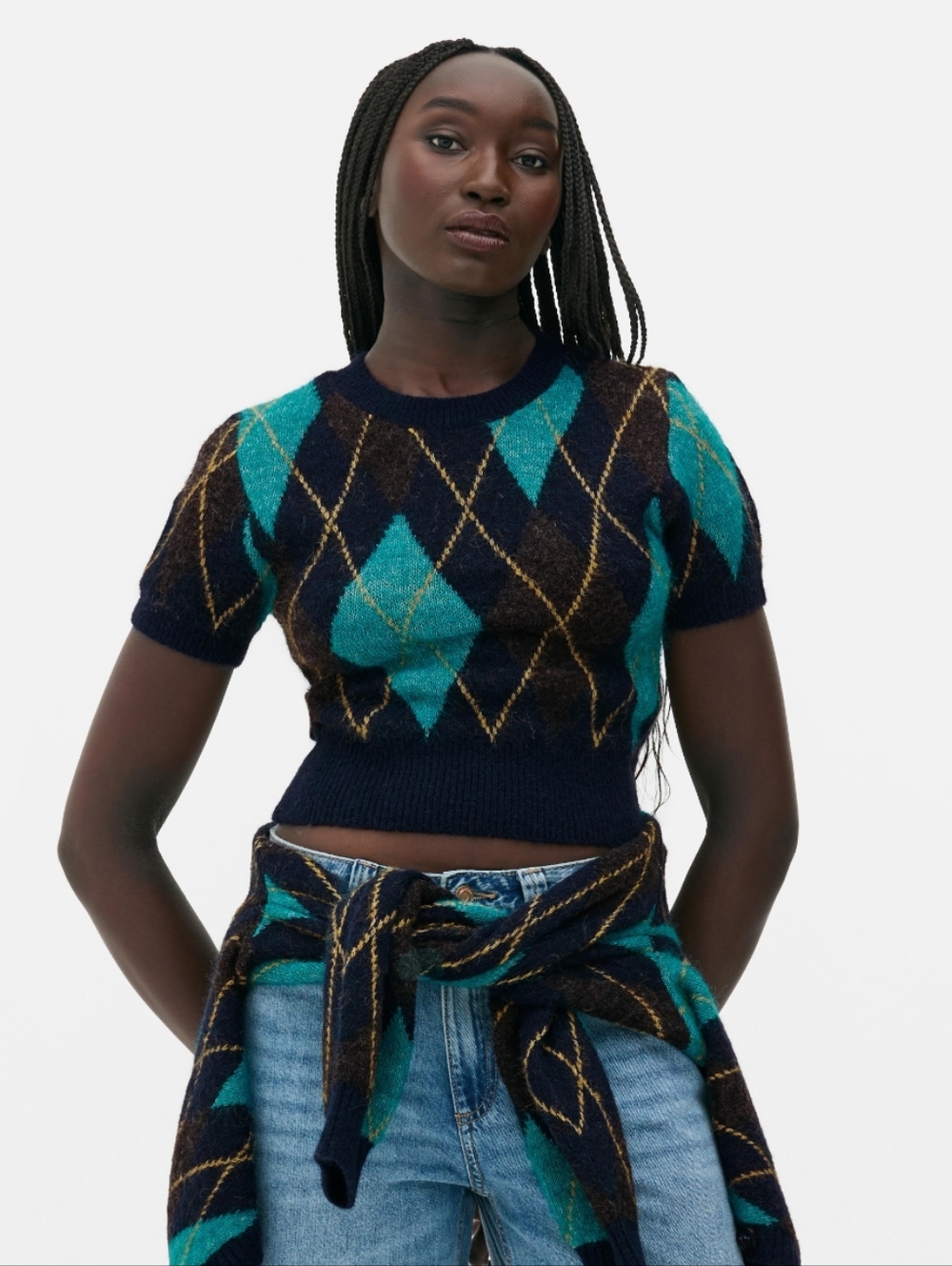 Navy Blue Argyle Short Sleeve Knit Crop Sweater